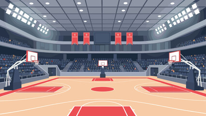 Obraz premium Modern indoor basketball court arena with hoops and audience seating