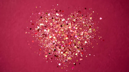 Heart-shaped decoration made of shiny fabric on a pink background