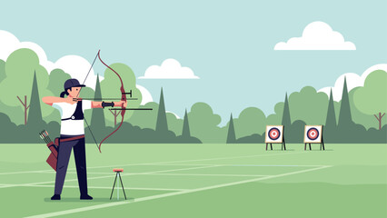 Flat design archer practicing in scenic park with targets