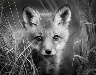 close up of a fox kit peering through tall grass rendered in grayscale