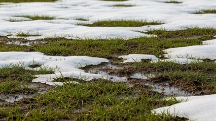 First spring grass emerging through melting snow and puddles in a field. Concept of changing seasons, global warming, nature awakening, and the beginning of spring in rural landscape