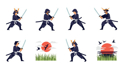 Samurai sword training poses and scenic sun illustrations with birds