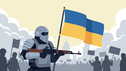 Naklejka premium Soldier in body armor holding ukrainian flag amidst protest silhouette