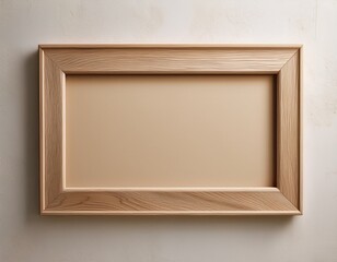 a rectangular wooden frame with a beige interior hangs on a rough off white wall