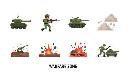 Naklejka premium Military combat elements: soldier, tank, explosion, war zone icons