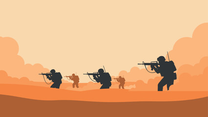 Naklejka premium Silhouette of soldiers advancing in desert landscape at sunset