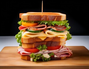 a triple decker sandwich features layers of meat cheese and vegetables between toasted bread