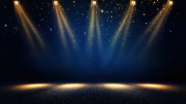 Dark blue stage with gold spotlight lines and shiny texture for award ceremony design, for formal event, honor background, visual template