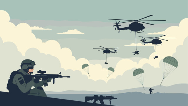 Military operation scene with helicopters and paratroopers in silhouette style