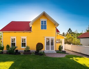 a bright yellow single story house with a red roof and a well maintained front yard