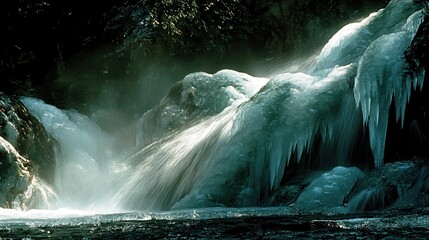 A partially frozen waterfall cascades over icy rocks in a winter landscape with sunlight highlighting the water flow and ice formations