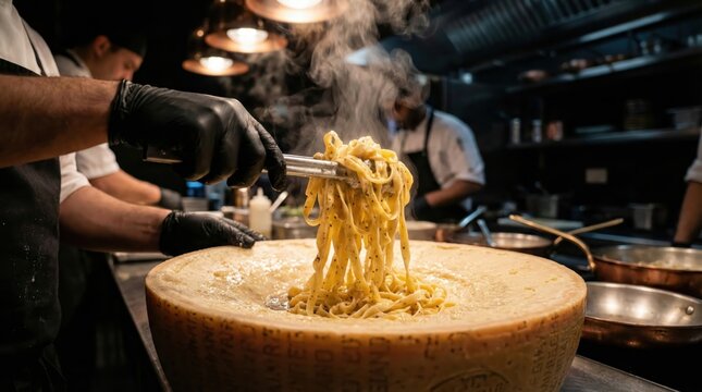 Chef Tossing Freshly Cooked Pasta in a Wheel of Cheese in a Modern Restaurant Kitchen with Steam Rising