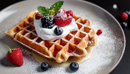 dessert consisting of a waffle topped with whipped cream fresh berries syrup and a dusting of powdered sugar the waffle appears to be a classic belgian style