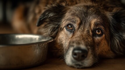 Close up of a tired dog with a metal bowl beside it