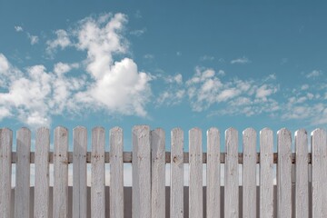 A close-up view of a white picket fence against a blue sky dotted with puffy white clouds