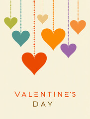 Valentine's Day Hearts: A vibrant collection of colorful hearts elegantly suspended against a simple backdrop, with the words Valentine's Day adorning the bottom.