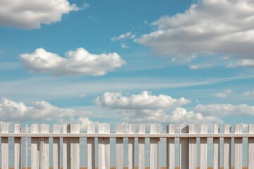A white picket fence against a backdrop of a bright blue sky filled with fluffy white clouds
