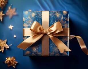 blue patterned gift box tied with a luxurious golden ribbon and bow representing concepts of giving presents surprise and joy for events like birthdays
