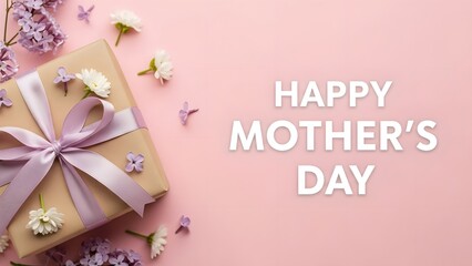 Happy mother's day gift box with purple ribbon and flowers