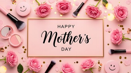 Happy mother's day greeting with pink roses and makeup