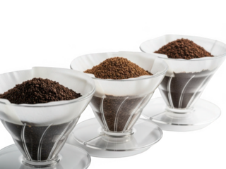 Three pour over coffee drippers isolated on transparent background