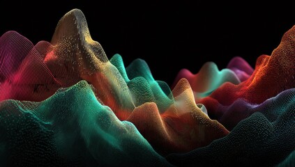 A vibrant, abstract digital landscape of layered, colorful contours against a stark black background