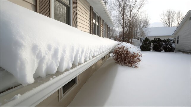 Drainage system damaged by snow sliding from roof without snow retainers, breaking gutters and pipes and creating ice hazards and winter maintenance risks for residential buildings