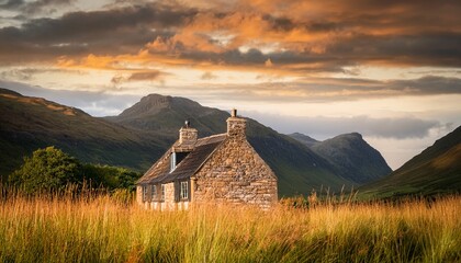 stone cottage nestles in tall grass with mountains behind under a cloudy warm sky