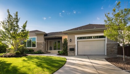 sunny exterior view of a single story residence with a path and flanking trees