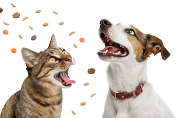 Ultra realistic cat and dog together, medium close-up, both animals with open mouths and tongues visible, playful excited expressions, trying to catch falling pet food, mix of dog and cat kibble piece