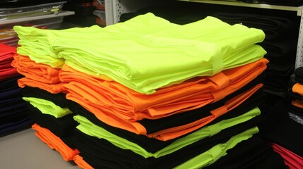 A pile of folded safety vests in bright neon yellow and vibrant orange is neatly stacked indoors