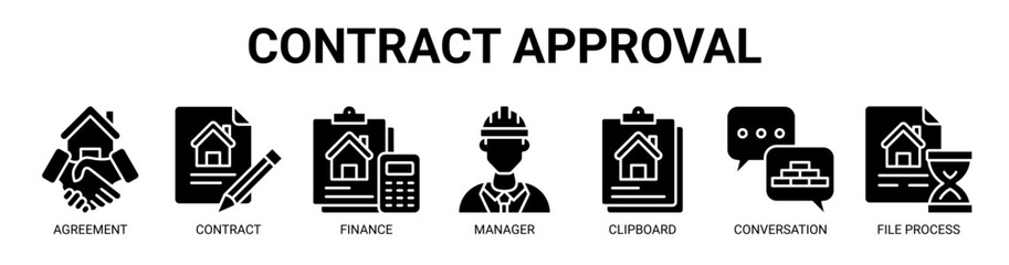 Fototapeta premium Contract Approval web banner icon vector illustration concept for business with icon of agreement, contract, finance, manager, clipboard, conversation, file process.