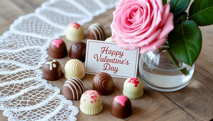 A beautiful pink rose and assorted chocolates are arranged for Valentines Day celebration
