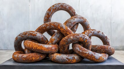 A pile of heavily rusted interconnected metal chains forming an abstract textural composition