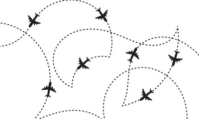 Airplane flight routes travel pattern background. Seamless aviation themed background with airplane icons and dotted flight paths, representing air travel, global transportation.