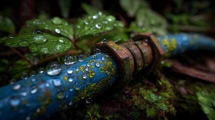 Water droplets on a garden hose amidst lush green foliage