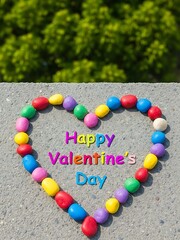 Colorful heart shape made of small stones and happy valentines day text