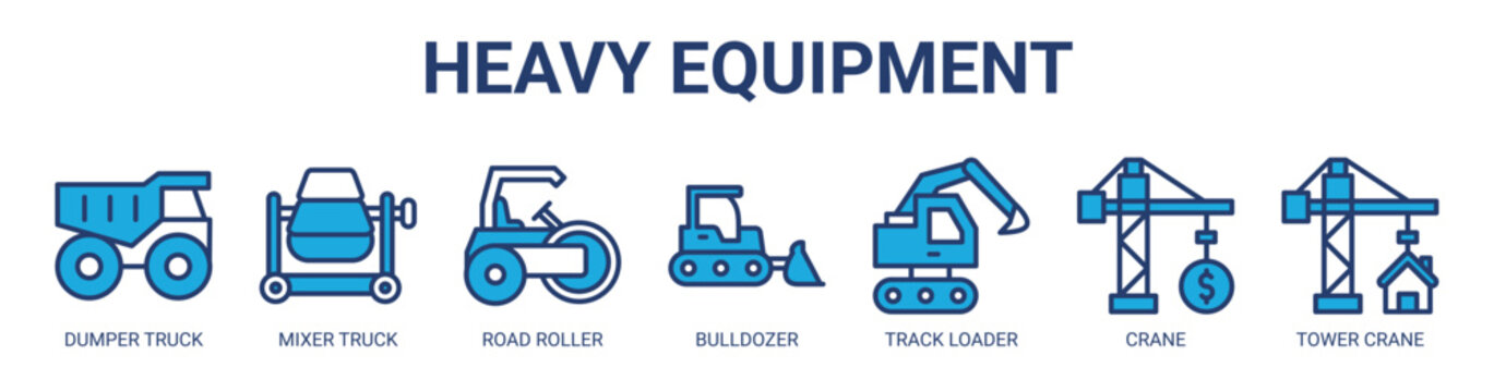 Heavy Equipment web banner icon vector illustration concept for business with icon of dumper truck, mixer truck, road roller, bulldozer, track loader, crane, tower crane.