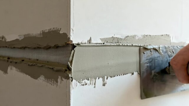 Side view medium shot of drywall taping process highlighting joint treatment with mesh tape before final mud application.