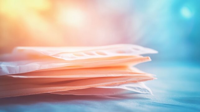 A pile of brightly colored sterile packaging for sanitary pads with soft lighting