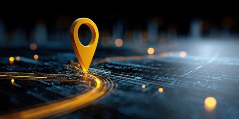Glowing golden location marker on a digital landscape with glowing trails and bokeh
