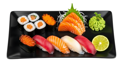 Assortment of colorful sushi rolls nigiri and fresh salmon tuna slices with garnishes isolated on a transparent background