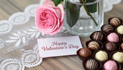 Elegant pink rose and assorted chocolates presented with a Happy Valentines Day card