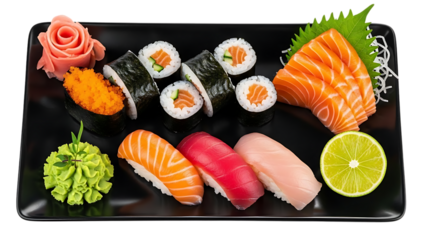 Assortment of Fresh Sushi Rolls and Sashimi with Colorful Garnishes on Black Plate isolated on a transparent background