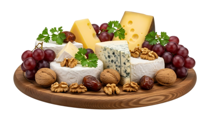 Assortment of Gourmet Cheeses Walnuts Red Grapes and Fresh Parsley on Wooden Board isolated on a transparent background
