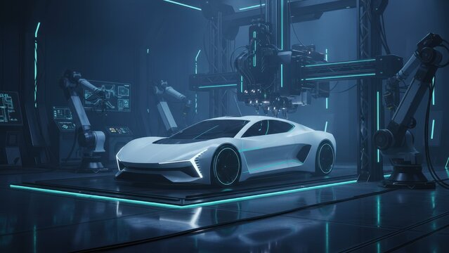 Futuristic 3d printer producing white car in neon lit scifi workshop, 3d printing, advanced manufacturing