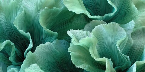 Close-up of layered green and teal abstract shapes, reminiscent of petals or flowing fabric