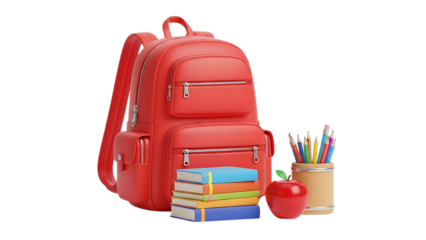 Bright red school backpack with stacked colorful books colored pencils and red apple isolated on a transparent background