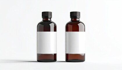 and keyword list based on the image

 Two brown glass bottles with blank white labels standing upright against a clean white background