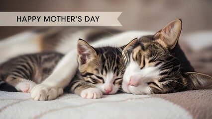 Adorable tabby kitten sleeping on a bed with happy mother's day greeting